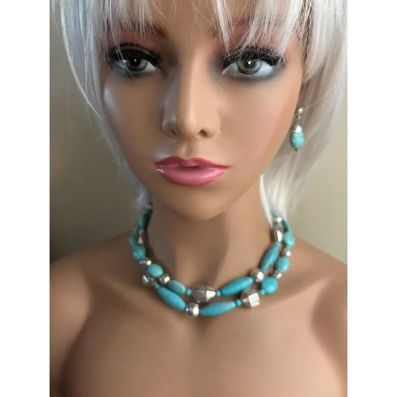 Brighton Turquoise & Silver Plated Beads Long Necklace Set Etched Design 17" - Picture 1 of 4